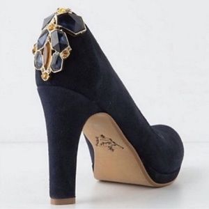 Anthropologie Miss Albright Jeweled Cabochon Navy Pumps Heels